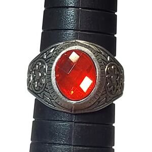 Silver Tone Ring Sz 8 Unsigned Red Rhinestone Cabochon Floral